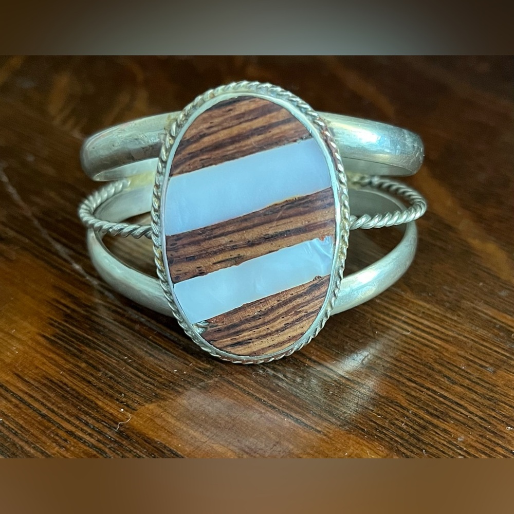Vintage Cuff Bracelet. Gender neutral. Wood and Shell inlay.